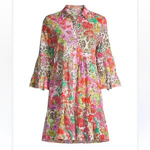 Johnny Was Wild Garden Easy Fit Tiered Mini Dress Size Medium Floral Boho Cotton